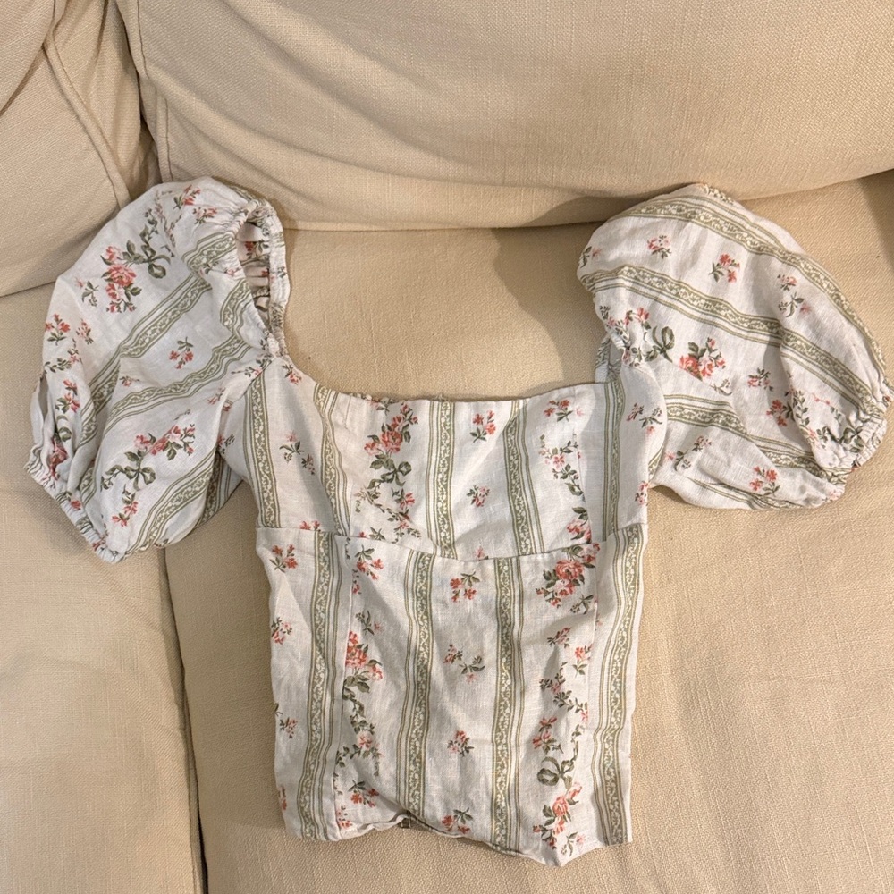 Reformation Cream Floral Puff Sleeve Blouse